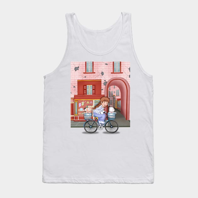 Cute Girl Cycling Around The Town With Dog And Cat Tank Top by Athikan